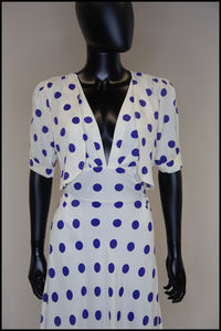 Vintage 1980s Blue Polka Dot Bias Cut Dress