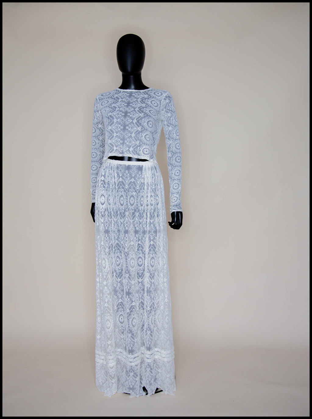 Cream Embroidered Lace Top and Skirt Gown Set - S
