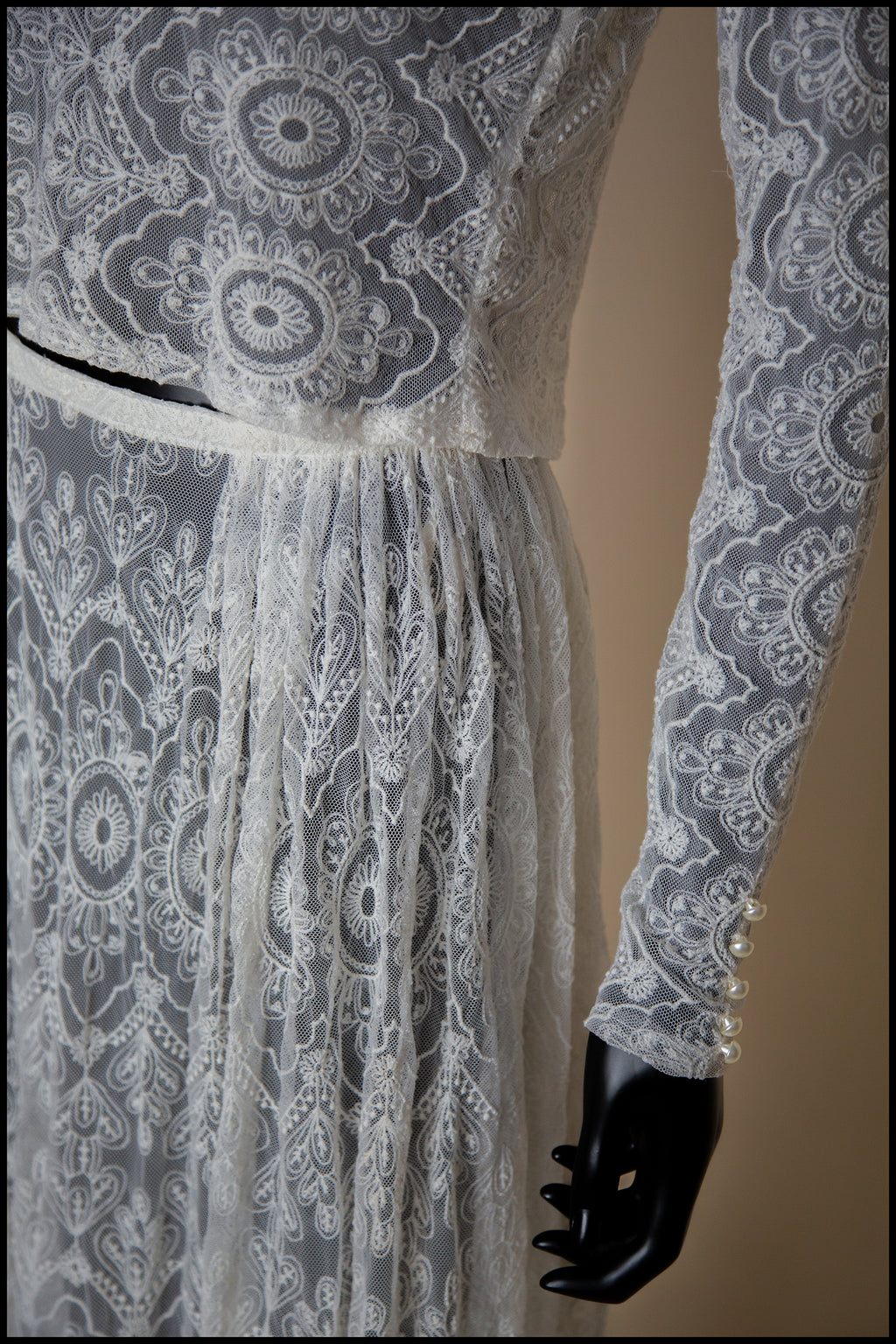 Cream Embroidered Lace Top and Skirt Gown Set - S