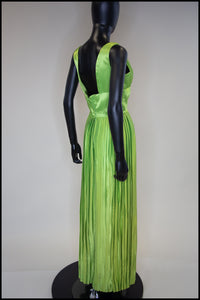 RESERVED Vintage 1960s Lime Green Satin Pleated Jumpsuit Gown