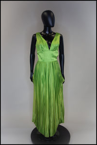 RESERVED Vintage 1960s Lime Green Satin Pleated Jumpsuit Gown