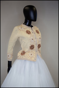 Vintage 1950s Cream Floral Embroidered Wool Cardigan