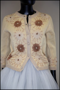 Vintage 1950s Cream Floral Embroidered Wool Cardigan