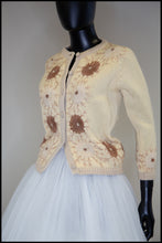 Vintage 1950s Cream Floral Embroidered Wool Cardigan