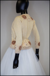 Vintage 1950s Cream Floral Embroidered Wool Cardigan