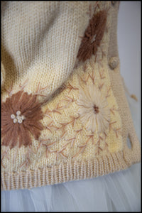 Vintage 1950s Cream Floral Embroidered Wool Cardigan