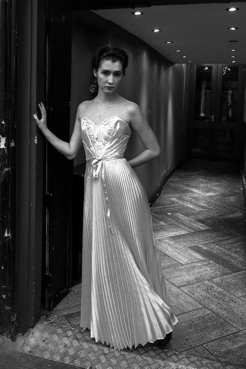 art deco pleated satin metallic wedding dress by Alexandra King