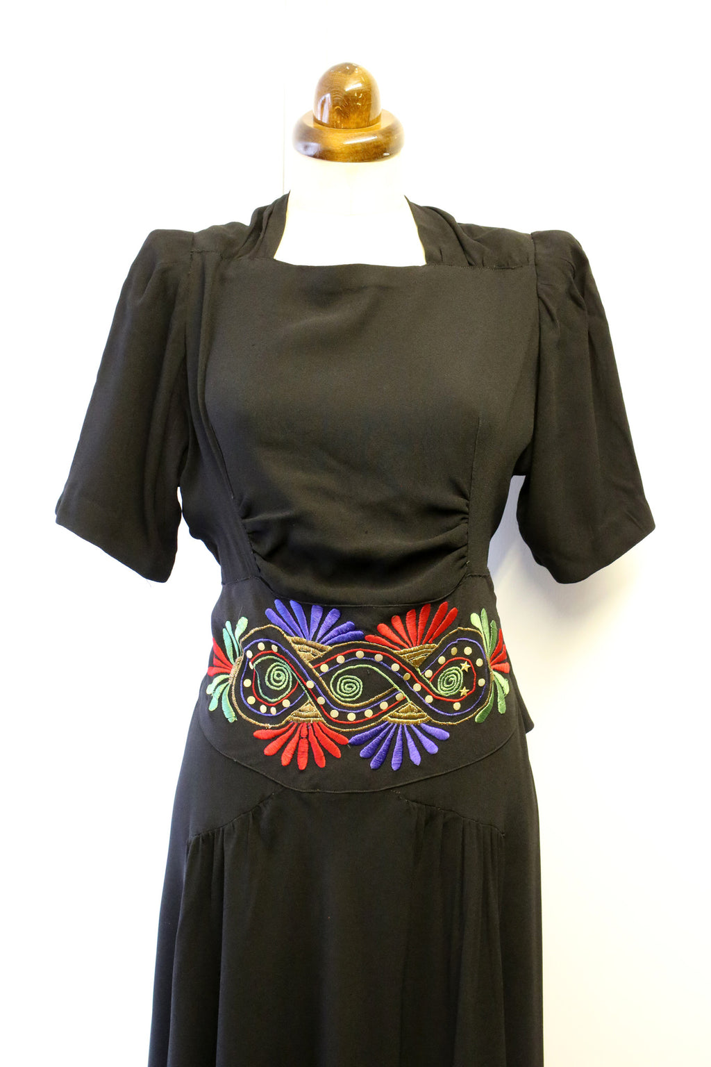 Vintage 1940s Black Embroidered Crepe Dress