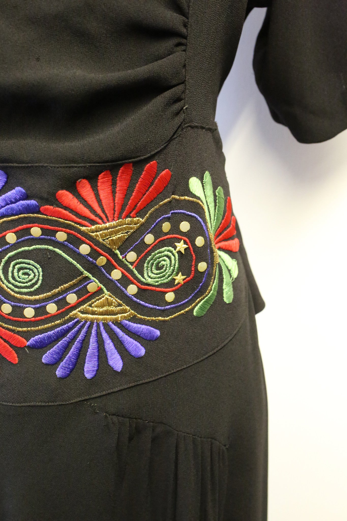 Vintage 1940s Black Embroidered Crepe Dress