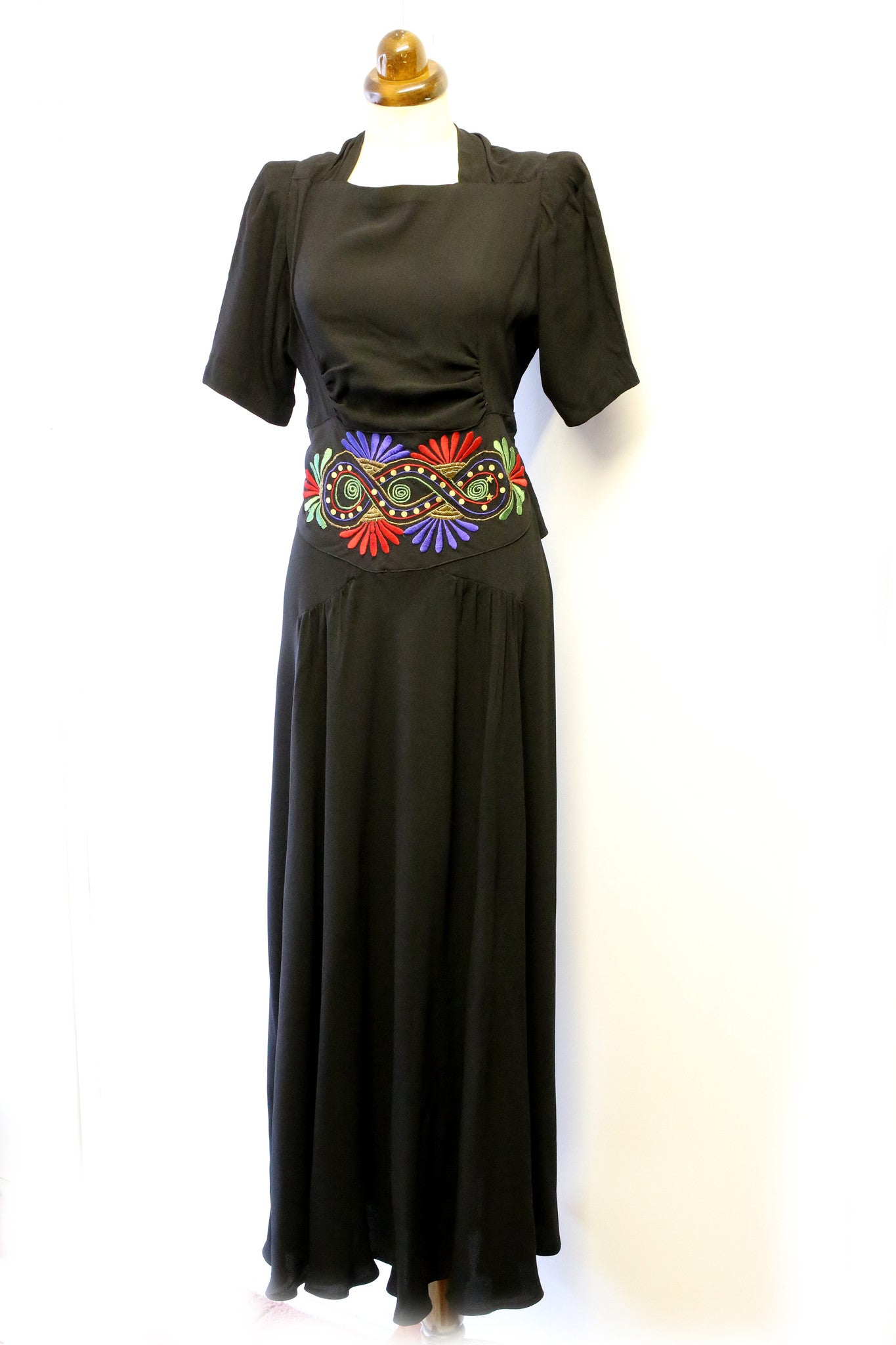 Vintage 1940s Black Embroidered Crepe Dress