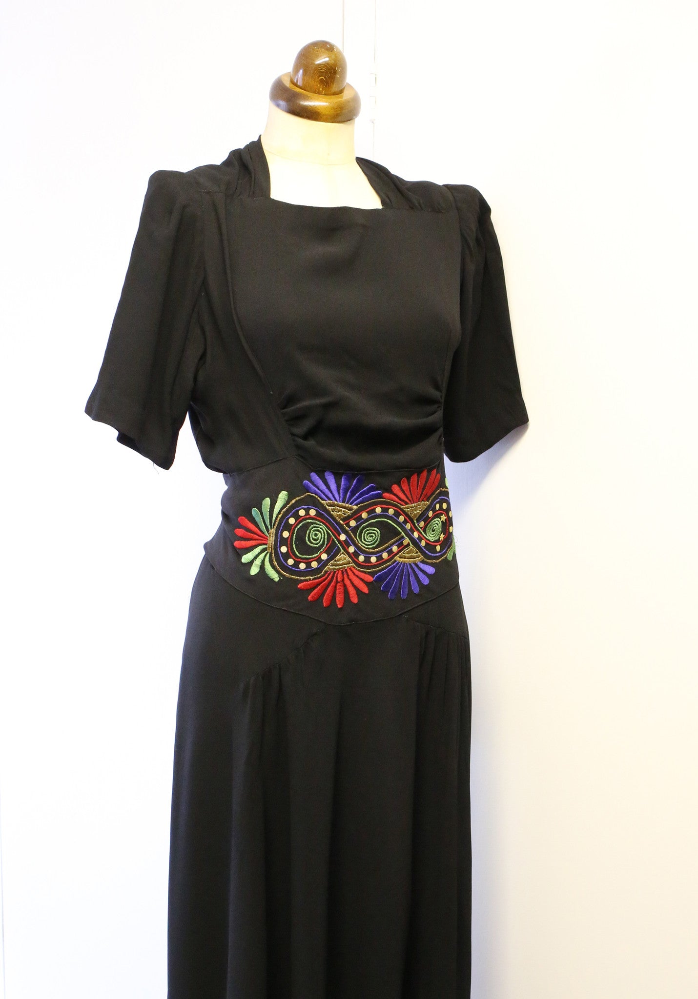 Vintage 1940s Black Embroidered Crepe Dress