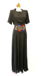 Vintage 1940s Black Embroidered Crepe Dress