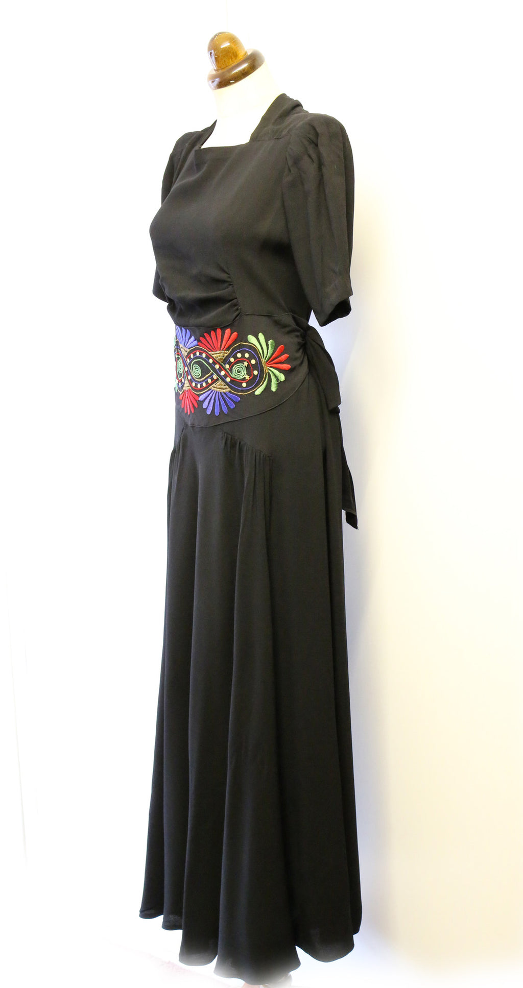 Vintage 1940s Black Embroidered Crepe Dress