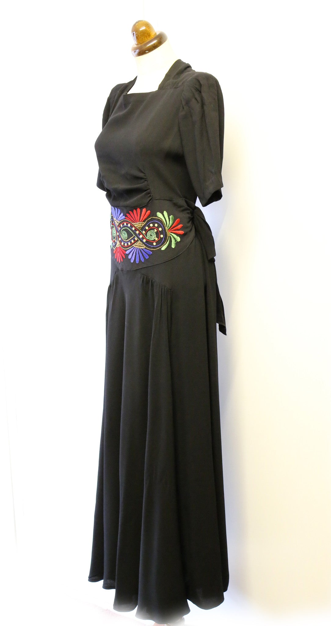 Vintage 1940s Black Embroidered Crepe Dress