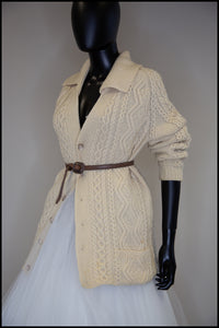 Vintage 1970s Cream Aran Knit Long Cardigan