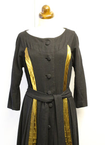 Vintage 1940s Black Gold Wool Dress
