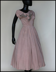 Vintage 1950s Dusky Pink Beaded Cocktail Dress