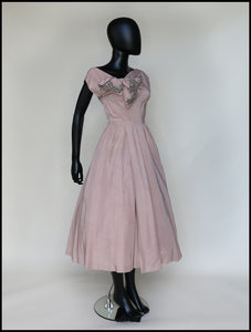 Vintage 1950s Dusky Pink Beaded Cocktail Dress