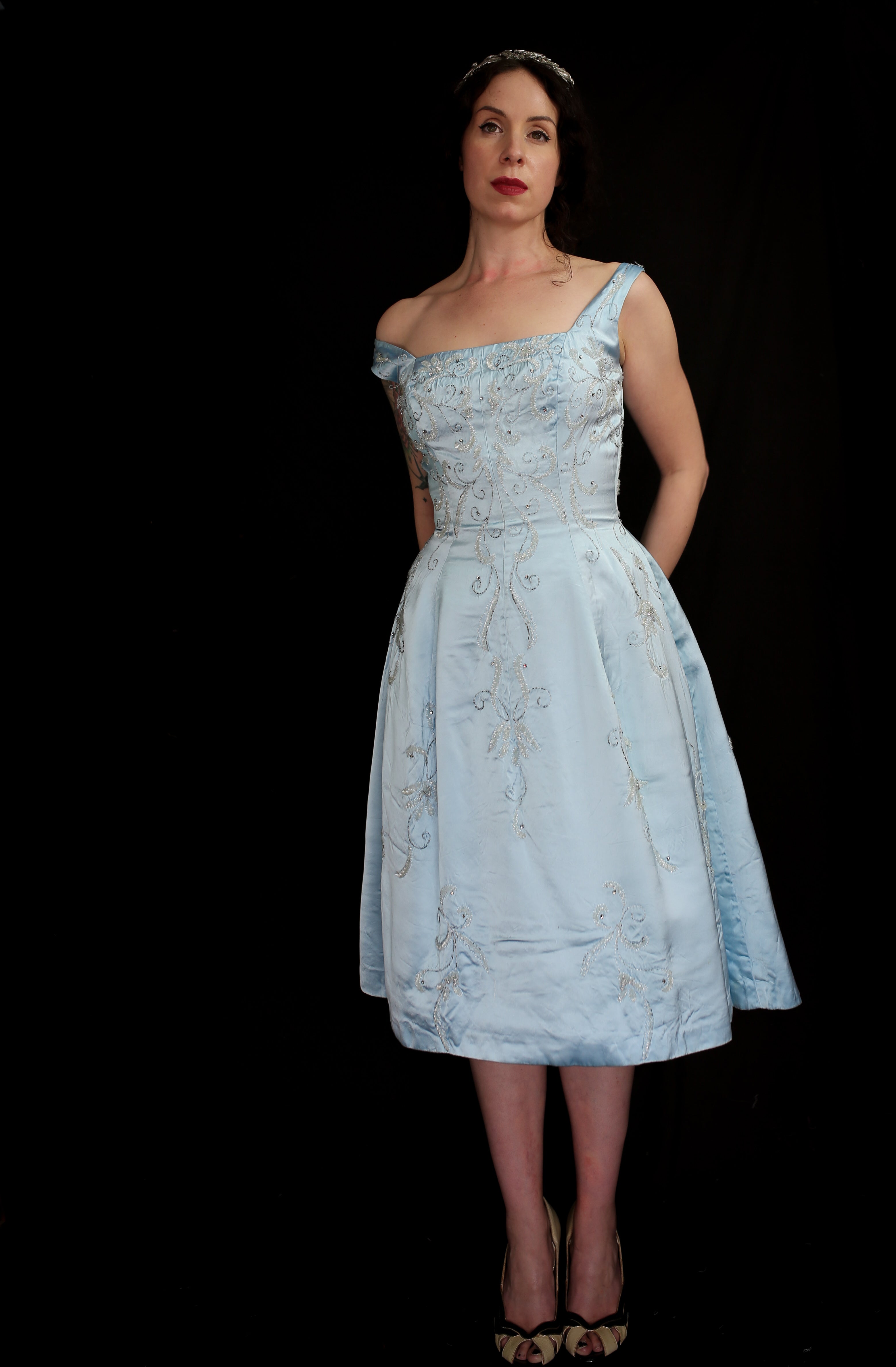 RESERVED Vintage 1950s Blue Beaded Satin Dress