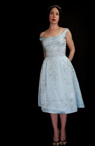 RESERVED Vintage 1950s Blue Beaded Satin Dress