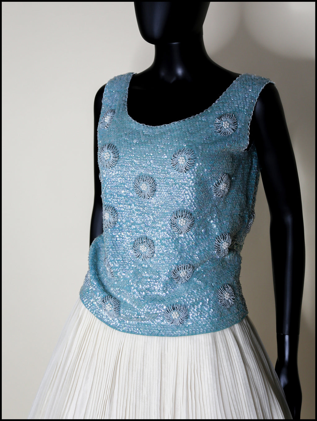 Vintage 1960s Blue Floral Sequin Top