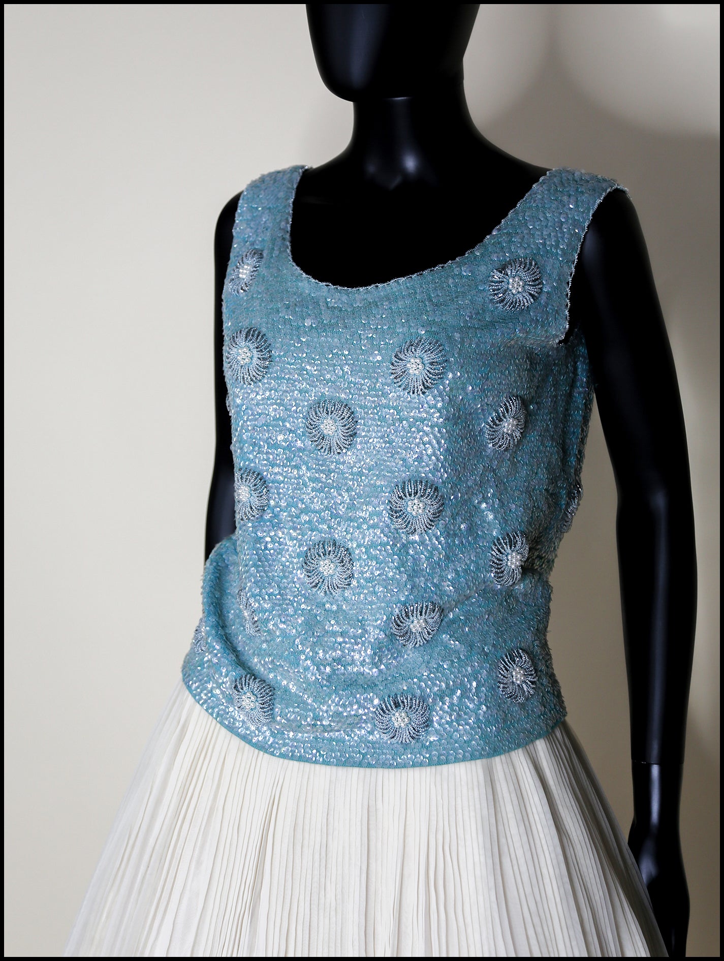 Vintage 1960s Blue Floral Sequin Top