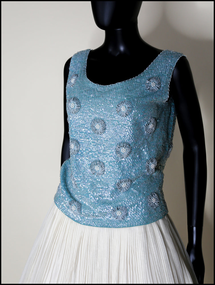 Vintage 1960s Blue Floral Sequin Top
