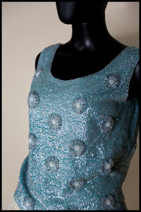 Vintage 1960s Blue Floral Sequin Top