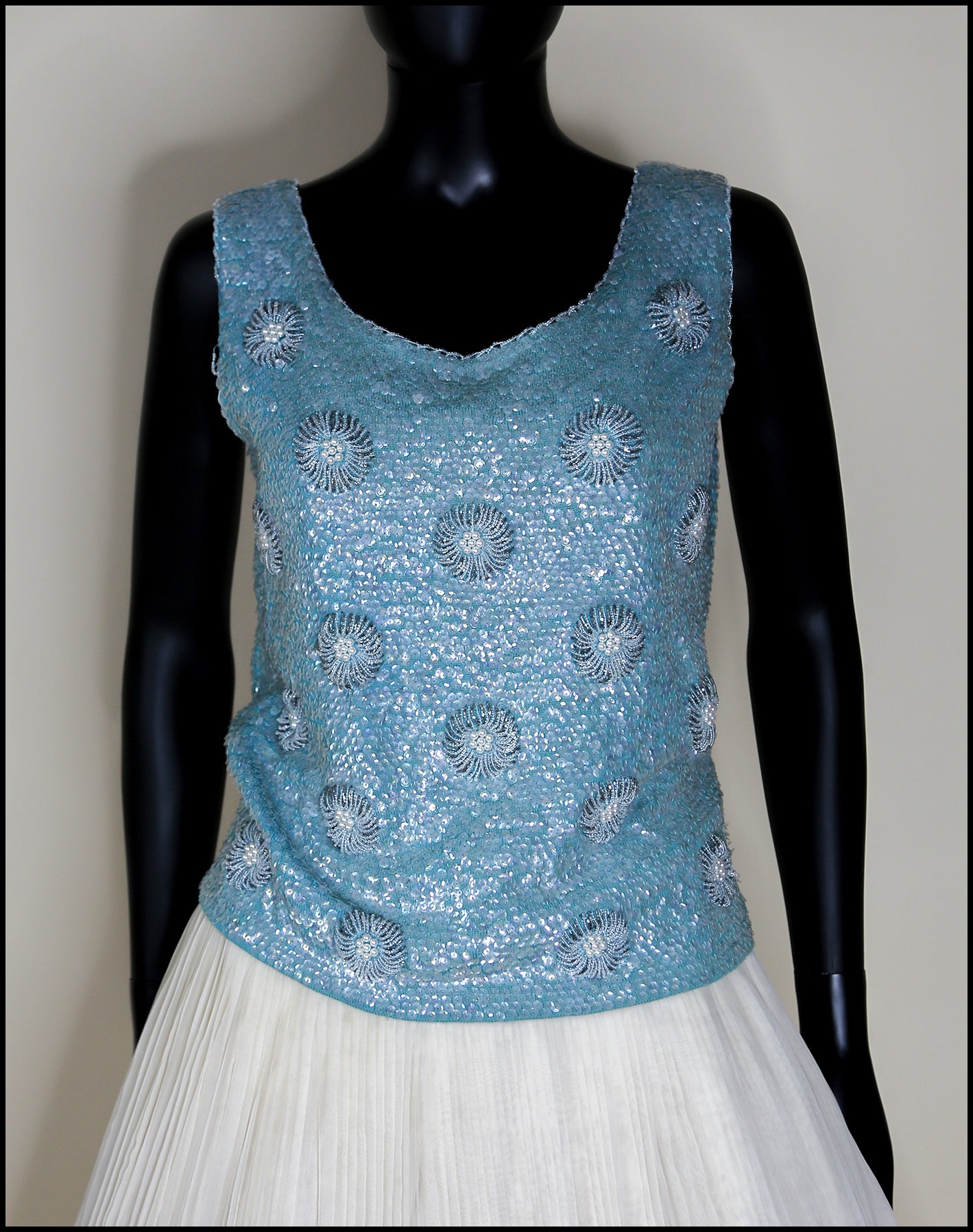 Vintage 1960s Blue Floral Sequin Top