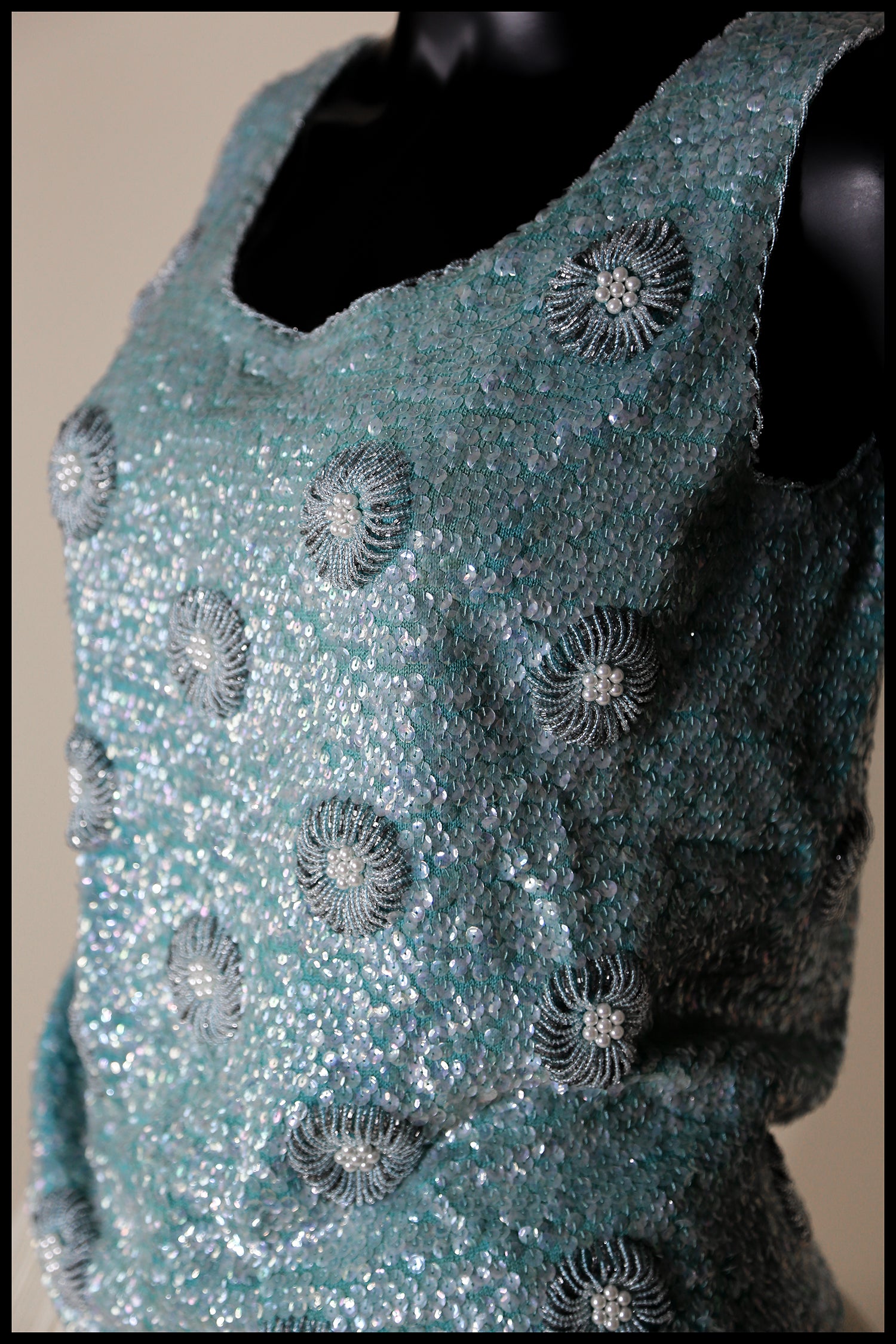 Vintage 1960s Blue Floral Sequin Top
