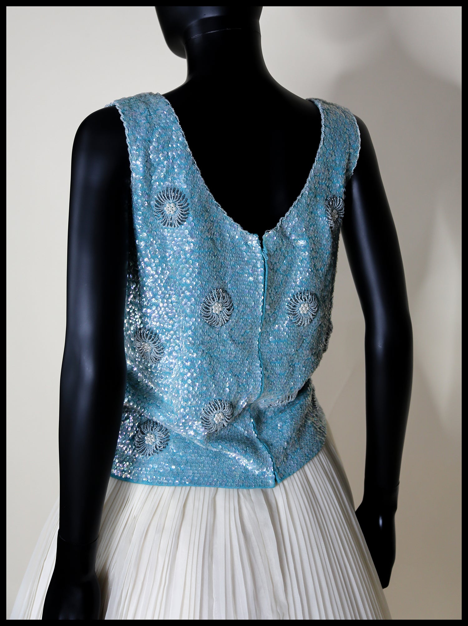 Vintage 1960s Blue Floral Sequin Top