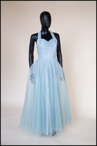 Vintage 1950s Blue Tulle Lace Gown