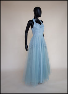 Vintage 1950s Blue Tulle Lace Gown