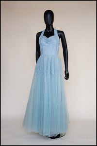 Vintage 1950s Blue Tulle Lace Gown