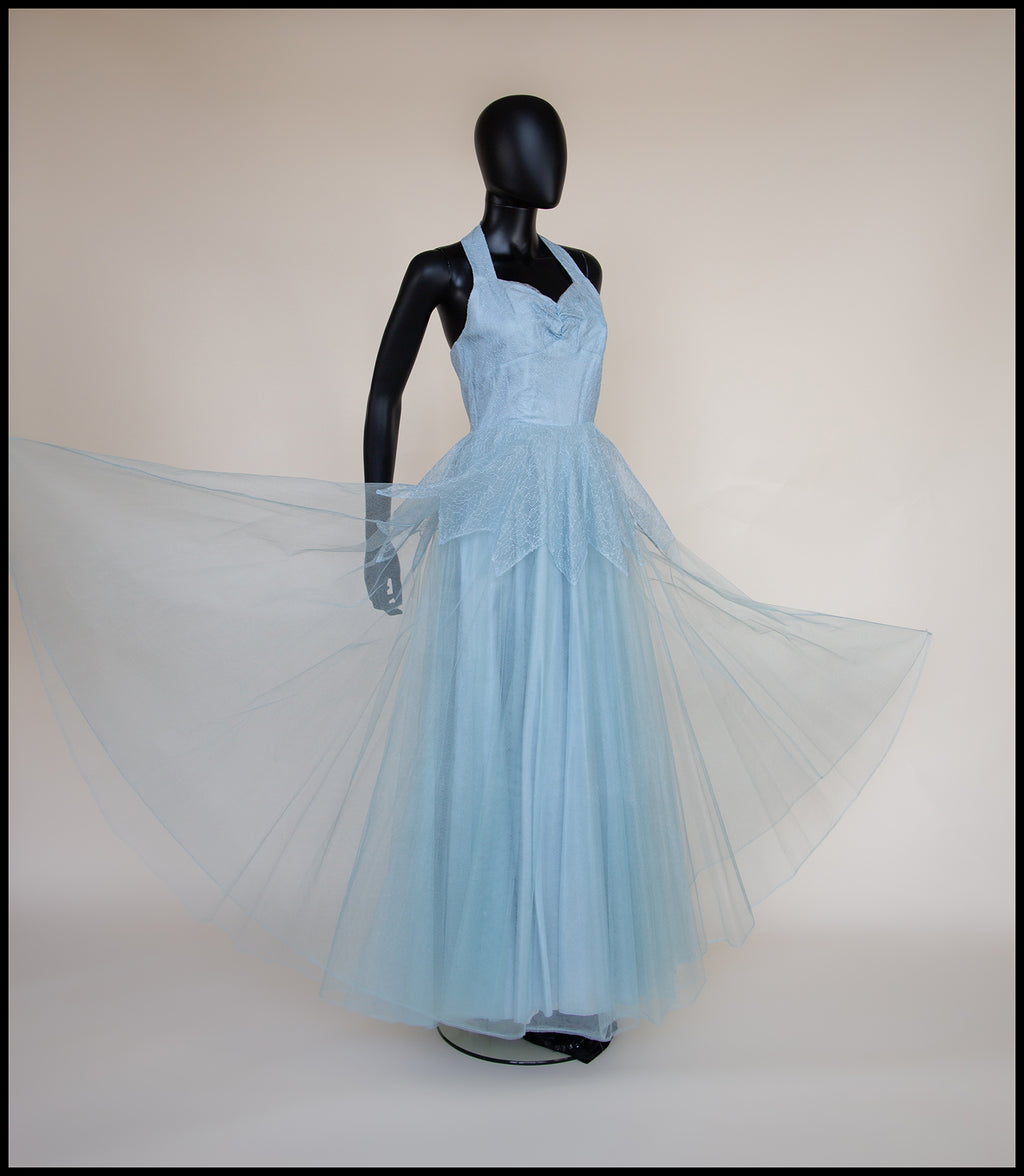 Vintage 1950s Blue Tulle Lace Gown