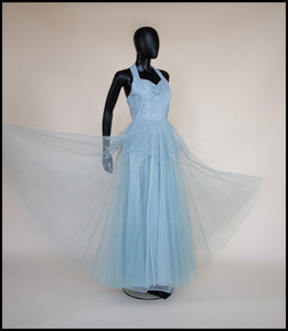 Vintage 1950s Blue Tulle Lace Gown
