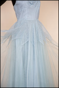 Vintage 1950s Blue Tulle Lace Gown
