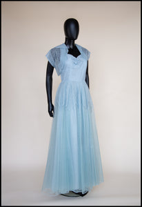 Vintage 1950s Blue Tulle Lace Gown