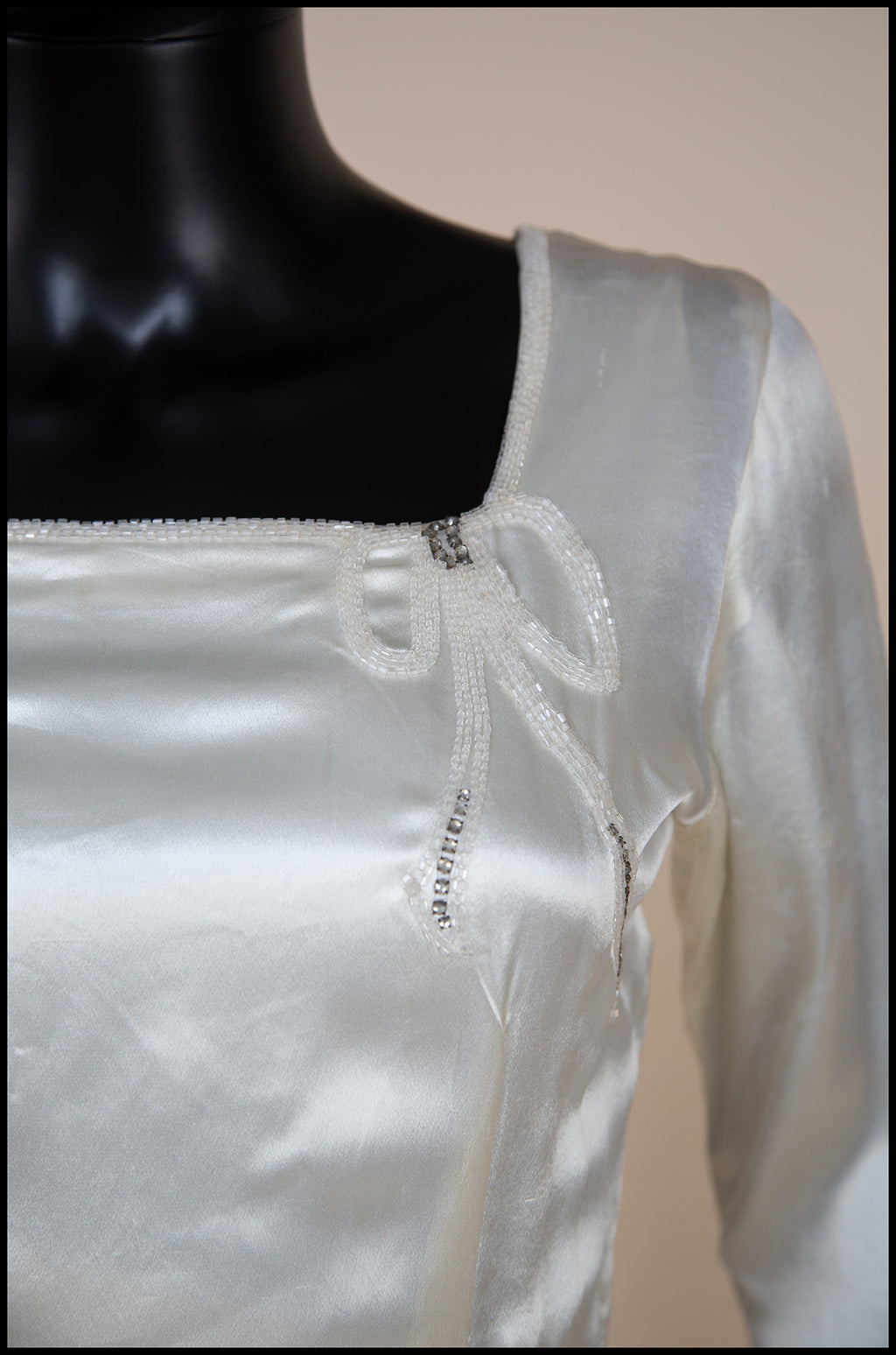 Vintage 1930s Ivory Beaded Bow Satin Wedding Dress