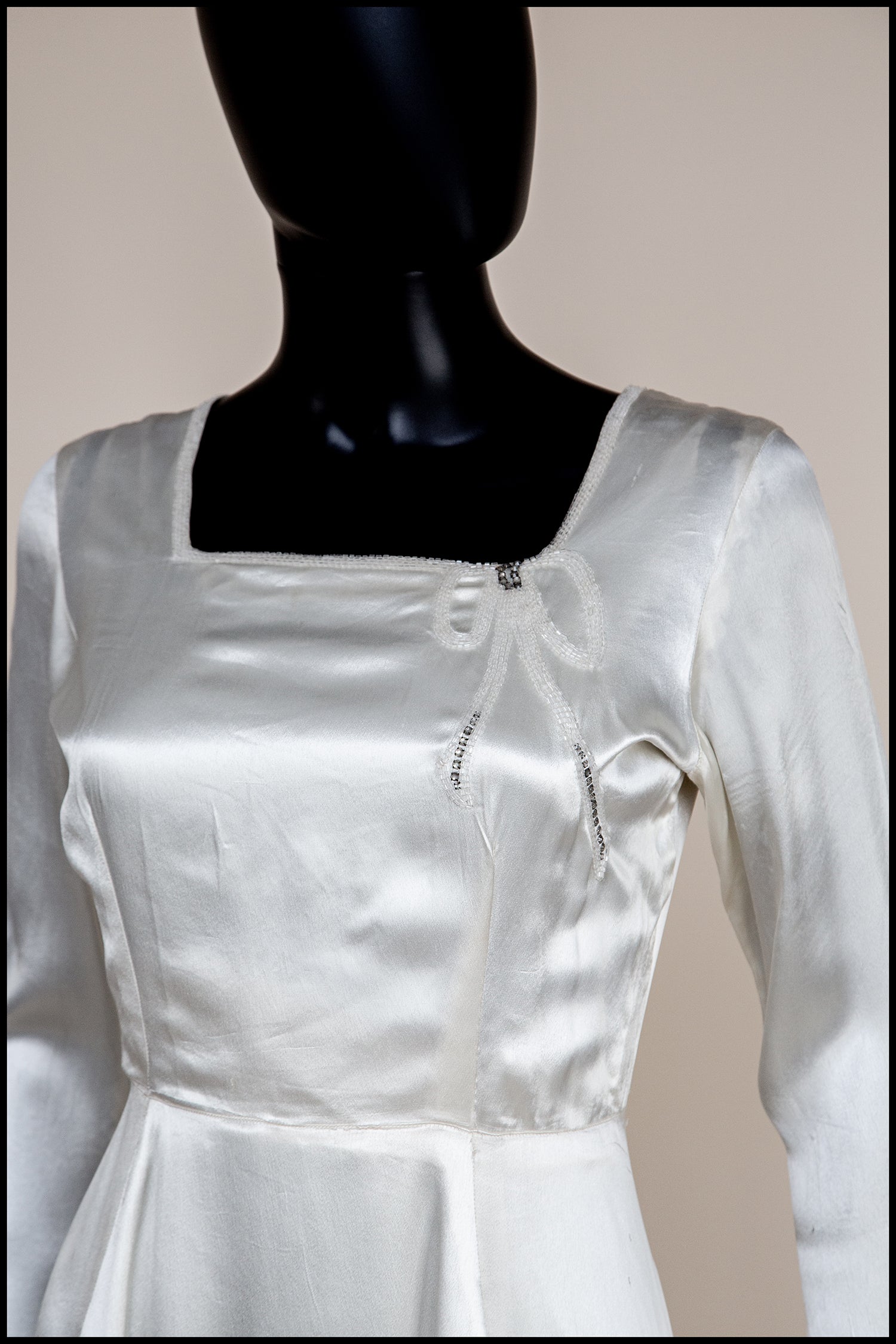 Vintage 1930s Ivory Beaded Bow Satin Wedding Dress