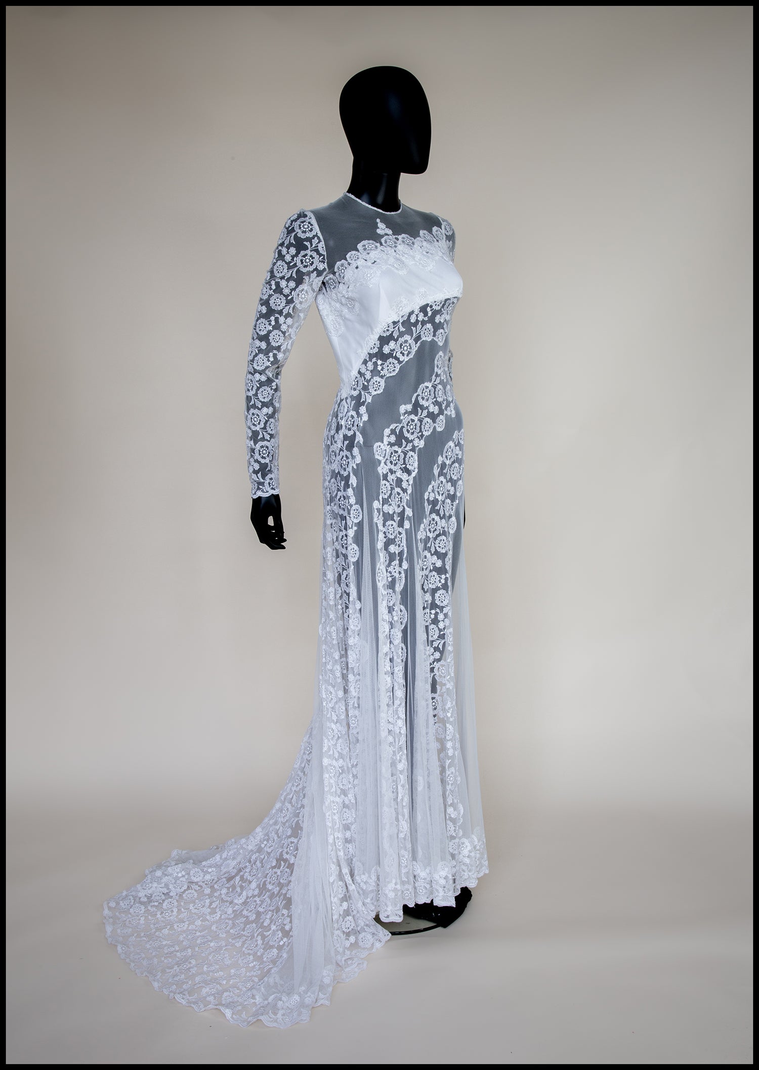 Vintage 1980s Sheer Lace Wedding Dress