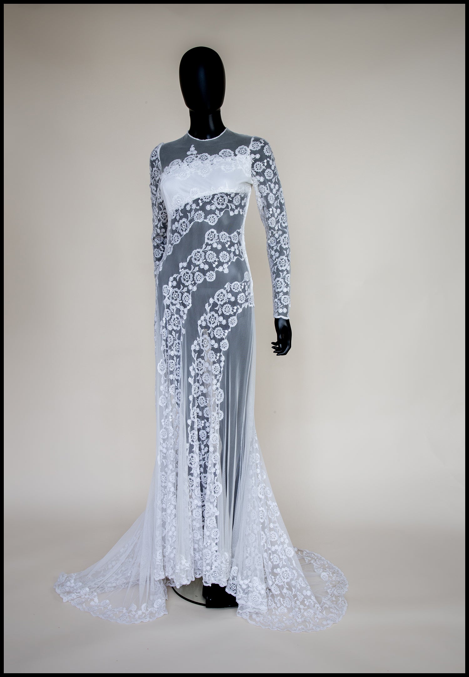 Vintage 1980s Sheer Lace Wedding Dress