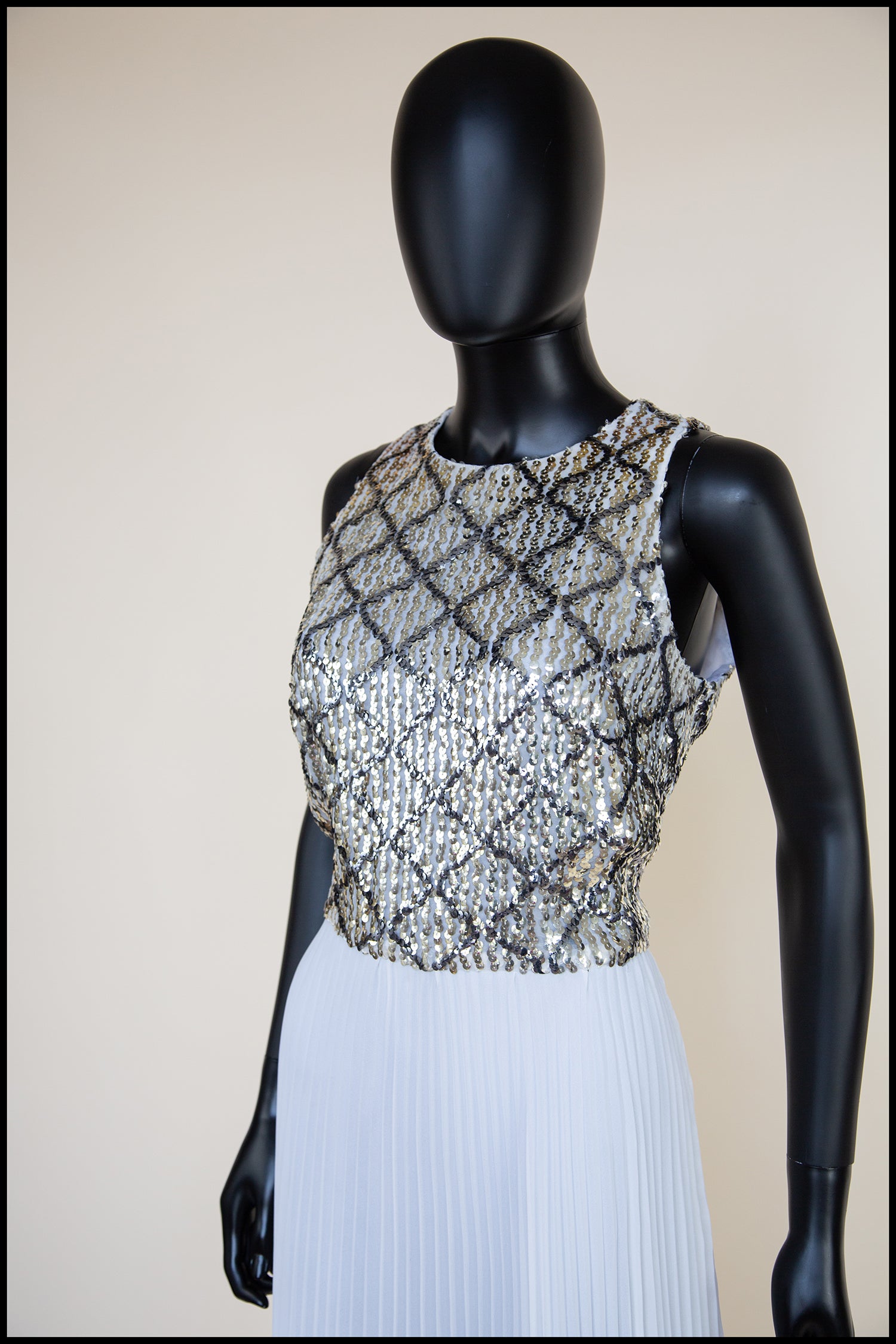 Vintage 1970s White Pleated Sequin Maxi Dress