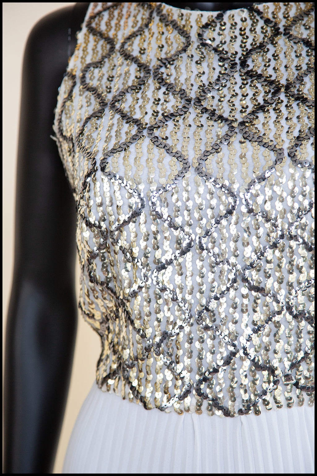 Vintage 1970s White Pleated Sequin Maxi Dress