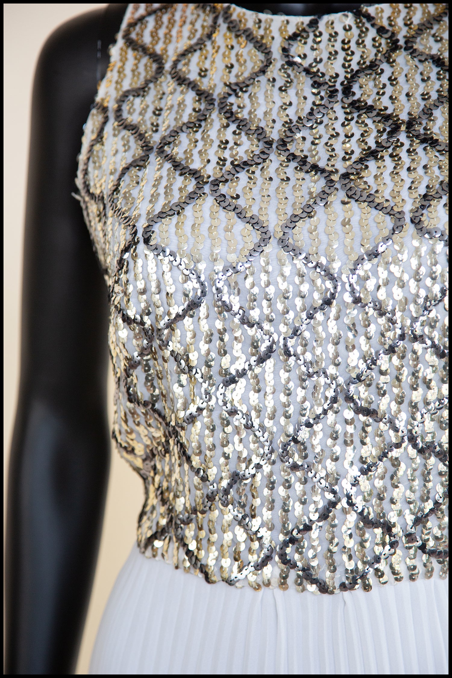 Vintage 1970s White Pleated Sequin Maxi Dress