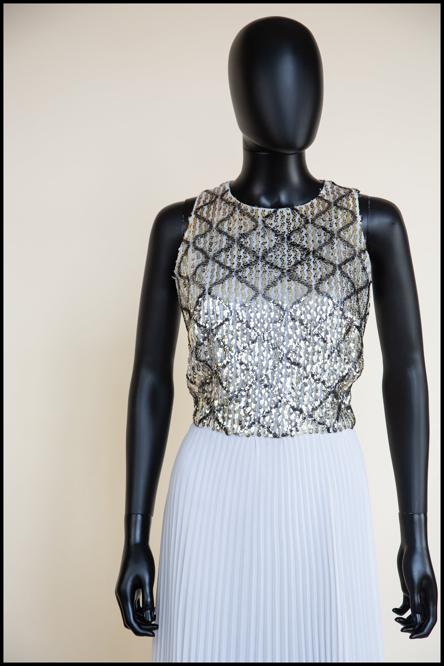 Vintage 1970s White Pleated Sequin Maxi Dress