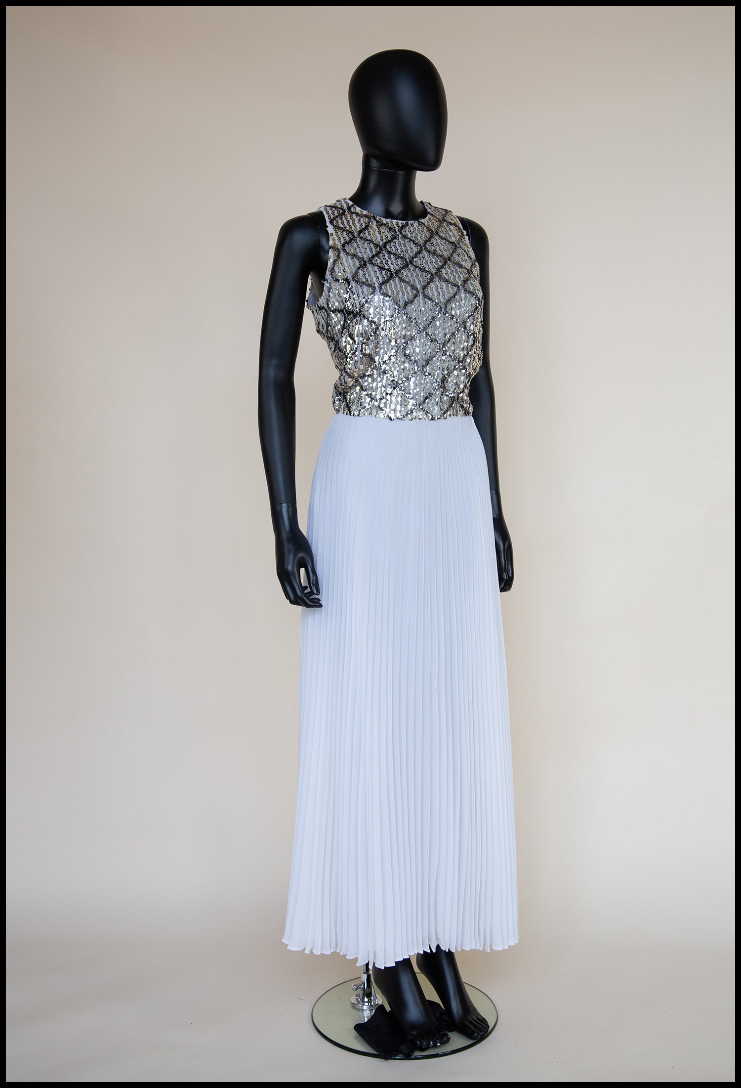Vintage 1970s White Pleated Sequin Maxi Dress