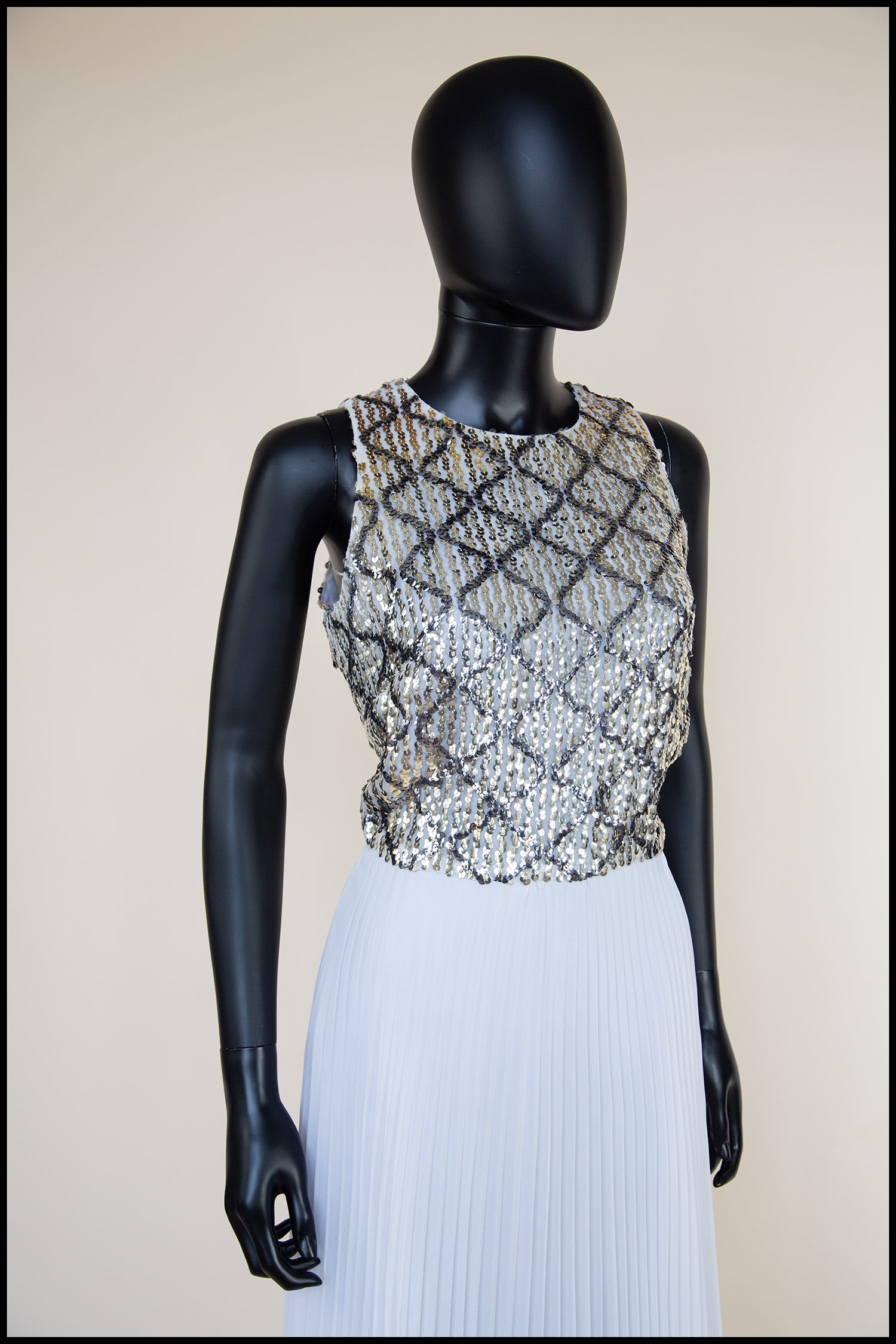 Vintage 1970s White Pleated Sequin Maxi Dress