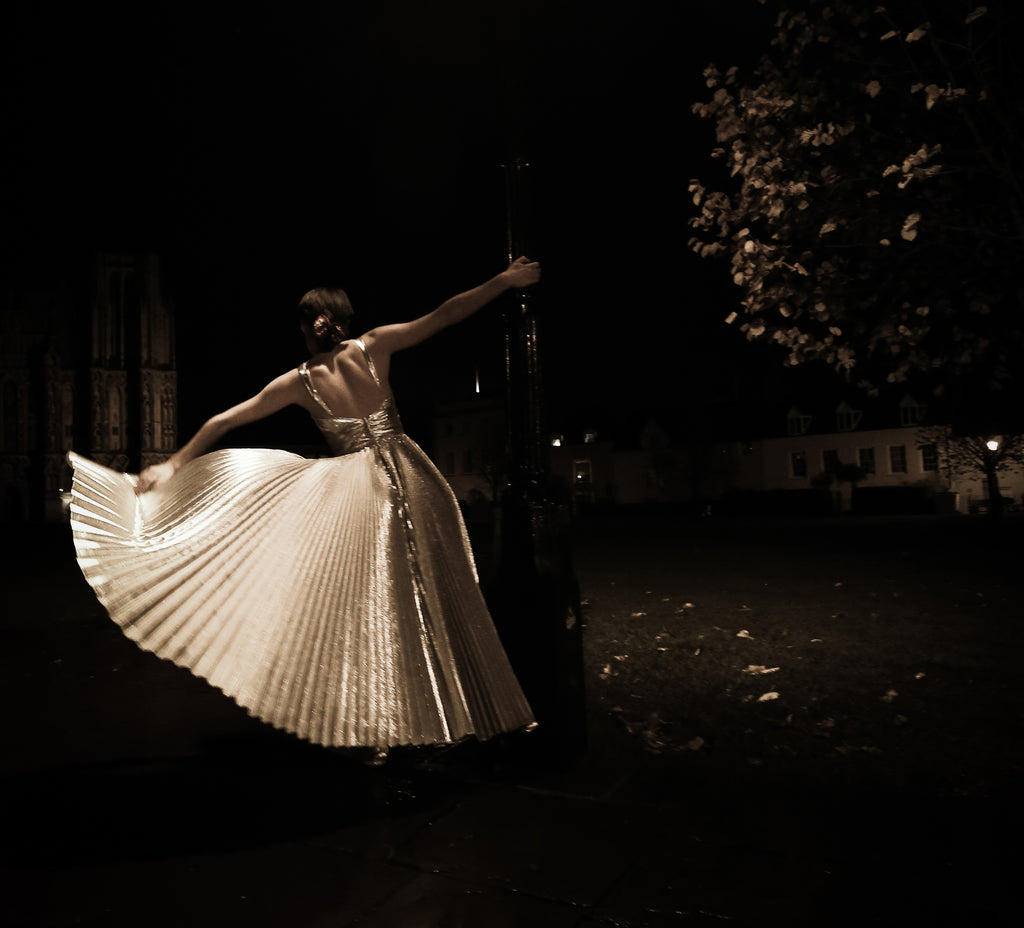 Fitz - Metallic Silver Lamé Pleated Dress