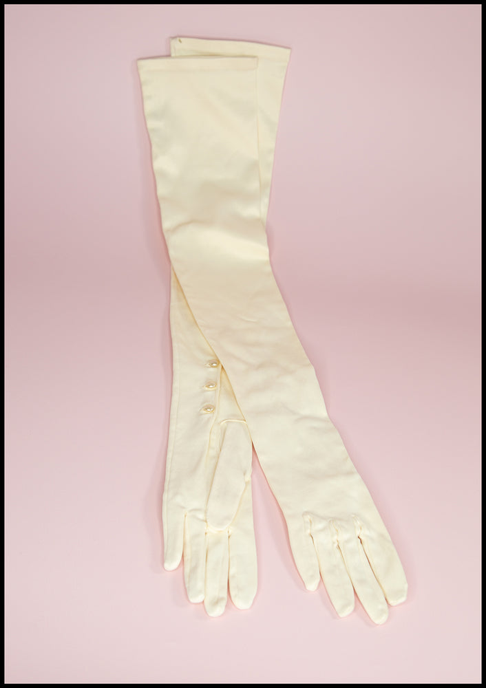 Vintage 1940s Cream Satin Long Gloves